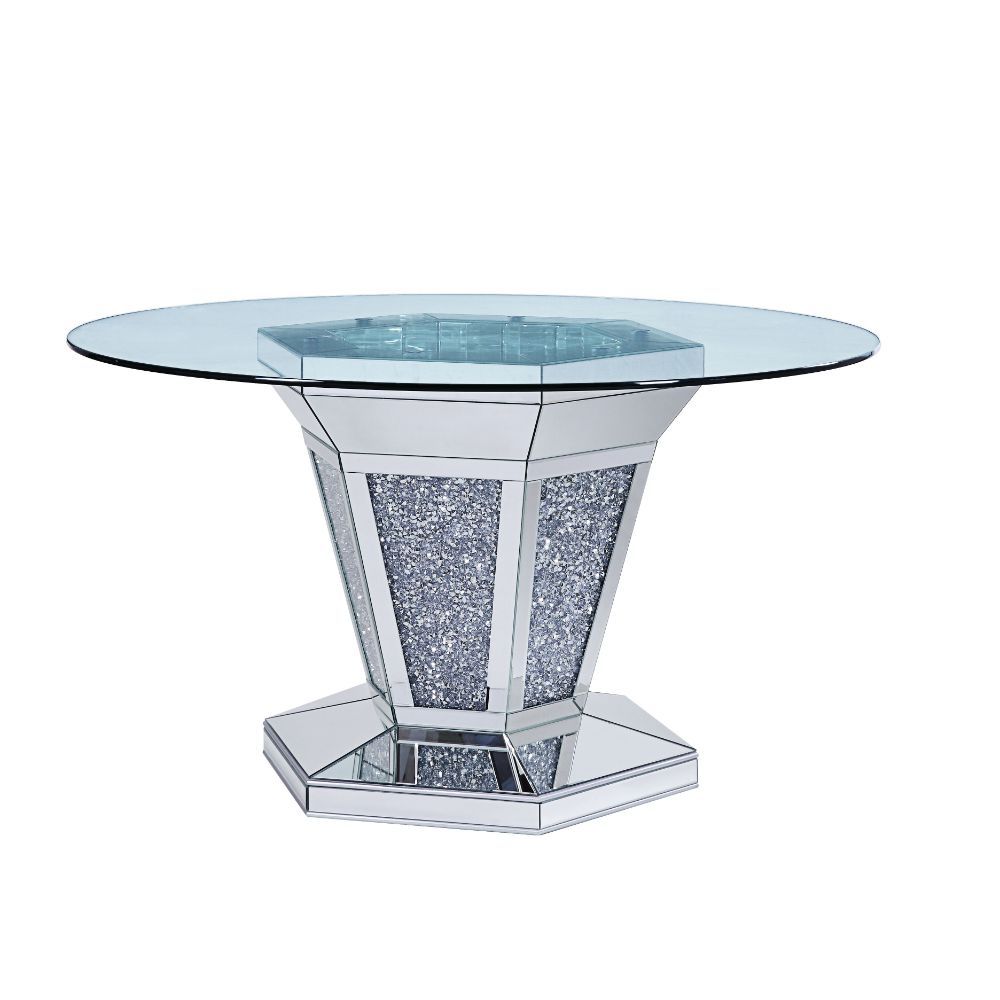 Noralie - Dining Table - Mirrored, Faux Diamonds & Clear Glass Top, product view with wood construction