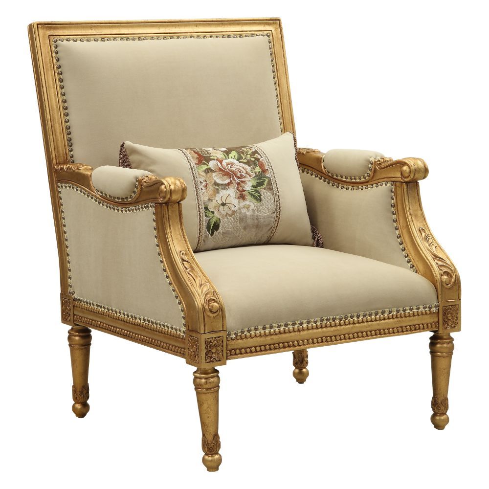 Daesha - Chair With Pillow - Tan Flannel & Antique Gold, product view with wood construction