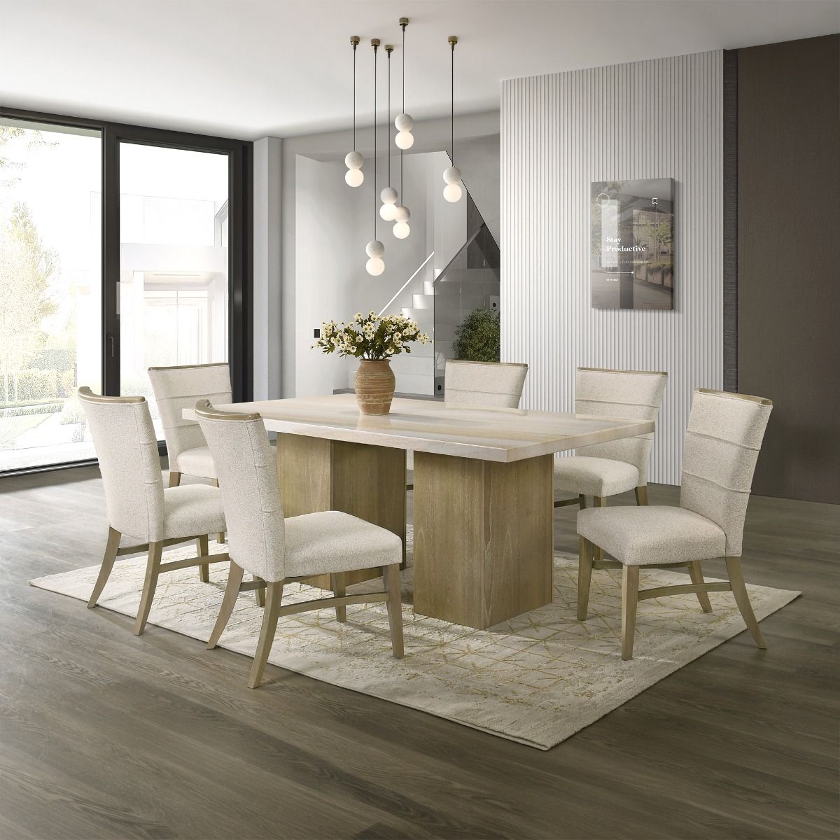 Olinda - Dining Table With Natrual Marble Top - Natrual, alternate view 6 with linen fabric