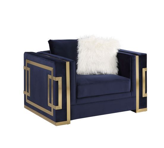 Virrux - Chair With 2 Pillows - Blue Velvet & Gold, product view with wood construction