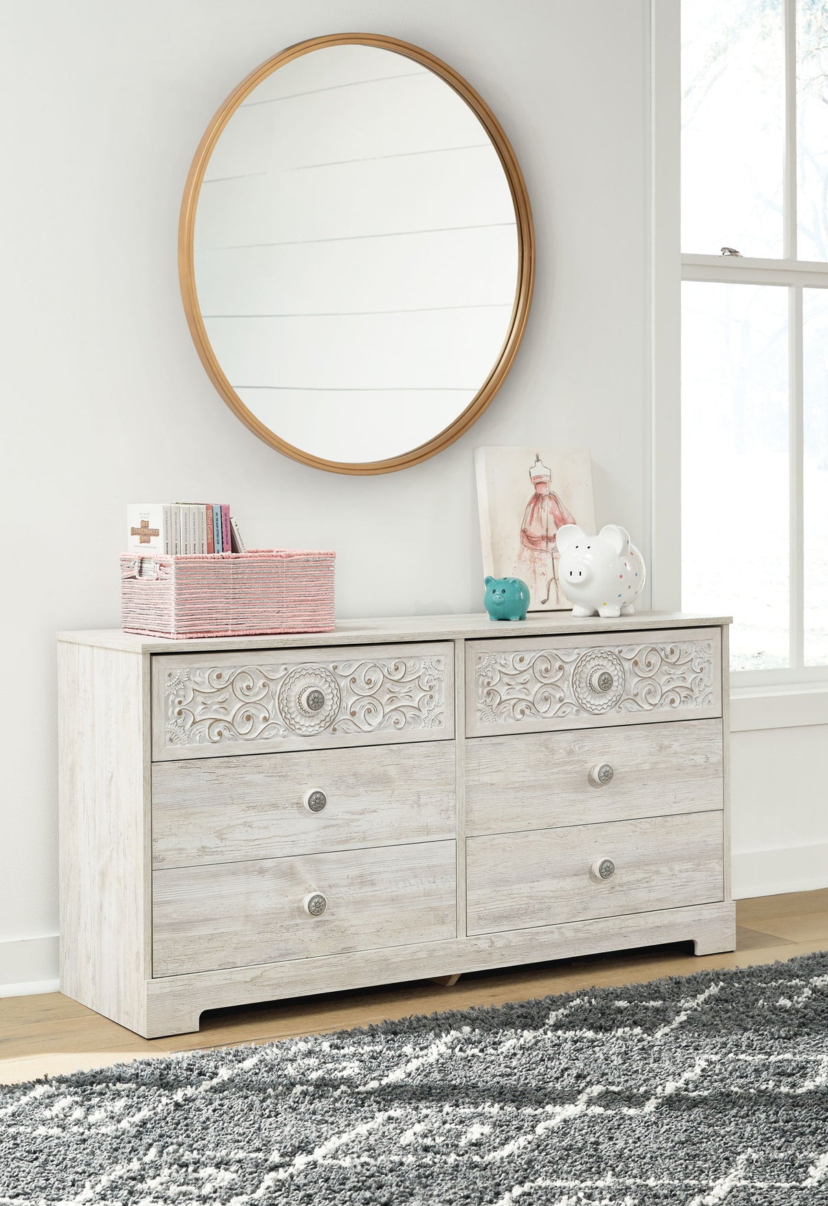Paxberry - Six Drawer Dresser - Weatherworn - Whitewash, alternate view 6 with engineered wood