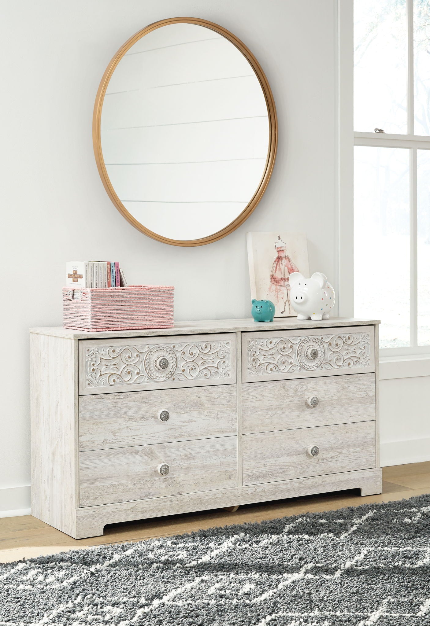 Paxberry - Six Drawer Dresser - Weatherworn - Whitewash, alternate view 6 with engineered wood