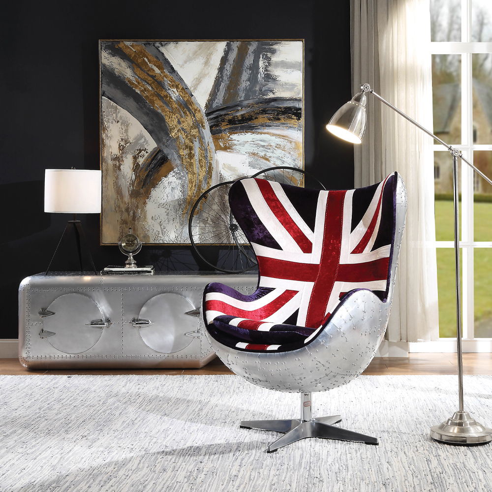 Brancaster - British Flag Accent Chair With Swivel - Pattern Fabric & Aluminum, alternate view 7 with wood construction