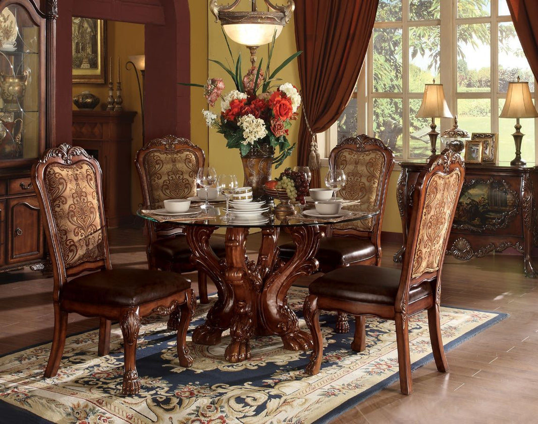 Dresden - Dining Table - Clear Glass Top & Cherry Oak, product view with leather upholstery