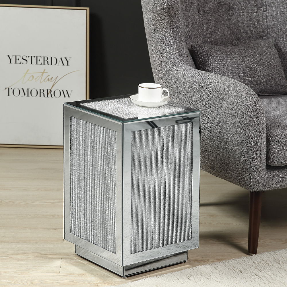 Noralie - 20" Accent Table - Mirrored, Faux Diamonds, product view with wood construction