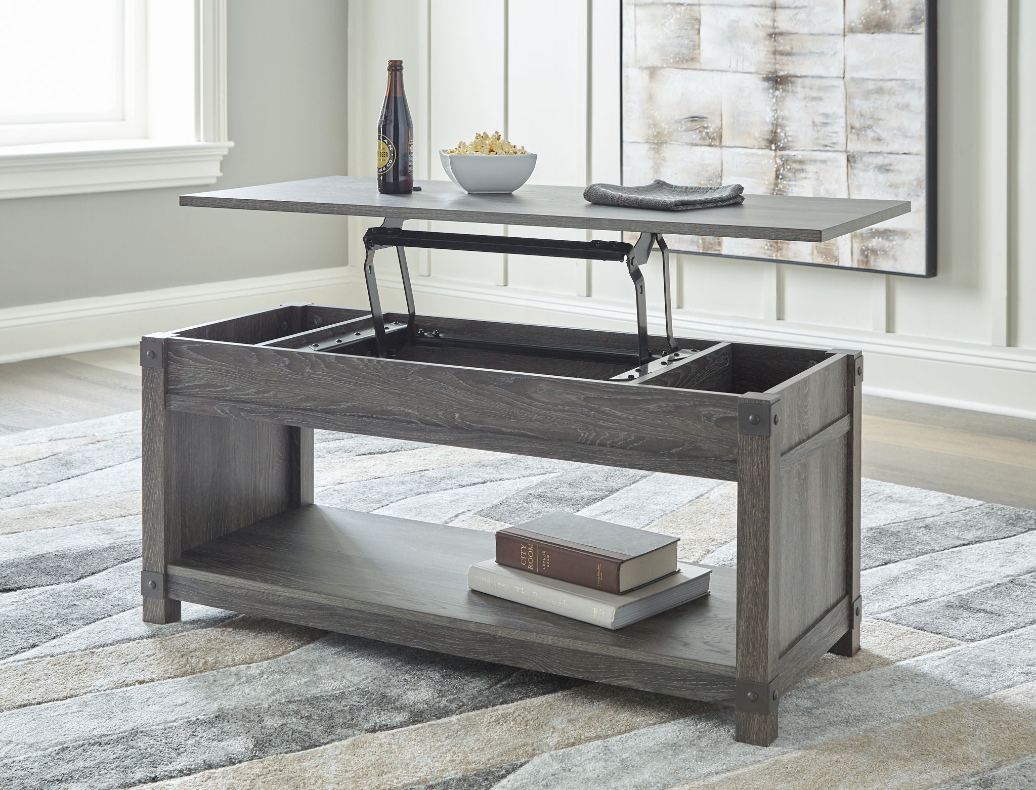 Freedan - Rect Lift Top Cocktail Table - Grayish Brown, alternate view 9 with engineered wood