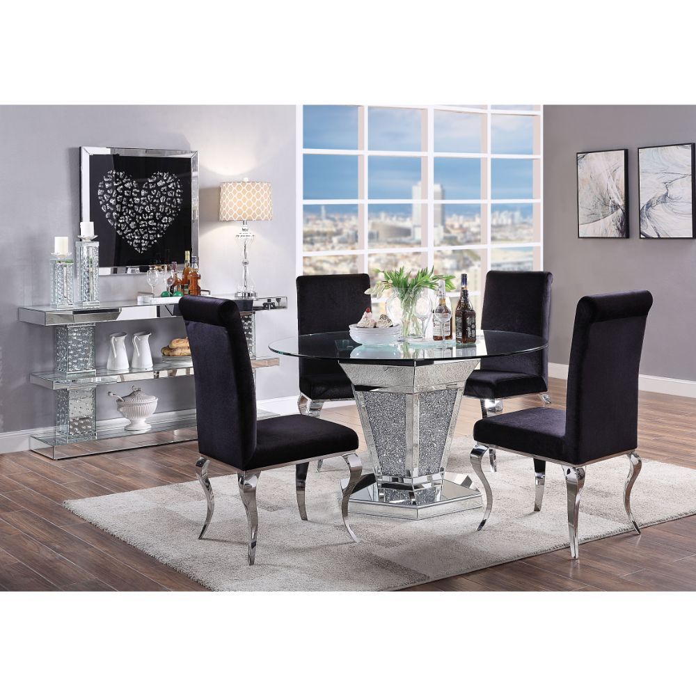 Noralie - Dining Table - Mirrored, Faux Diamonds & Clear Glass Top, alternate view 9 with wood construction