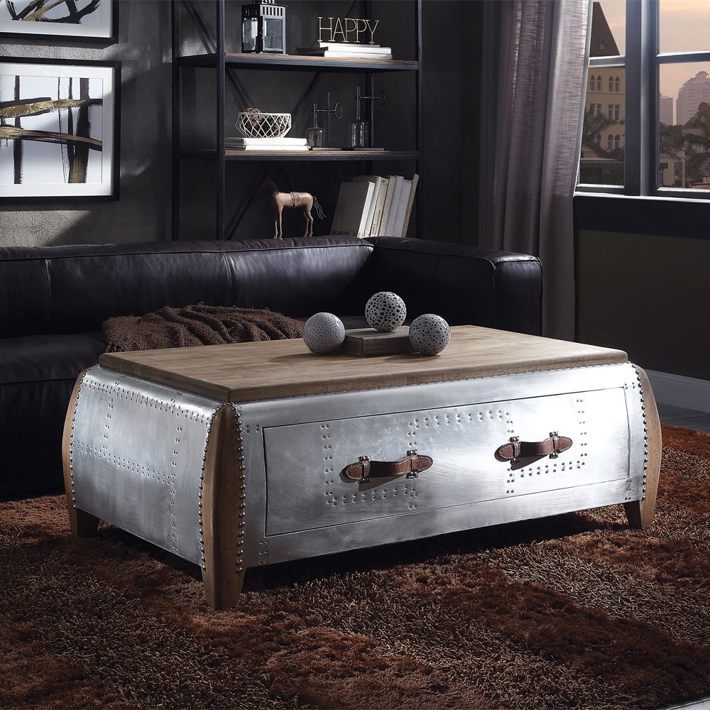 Brancaster - Coffee Table - Antique Oak & Aluminum, alternate view 8 with top-grain leather