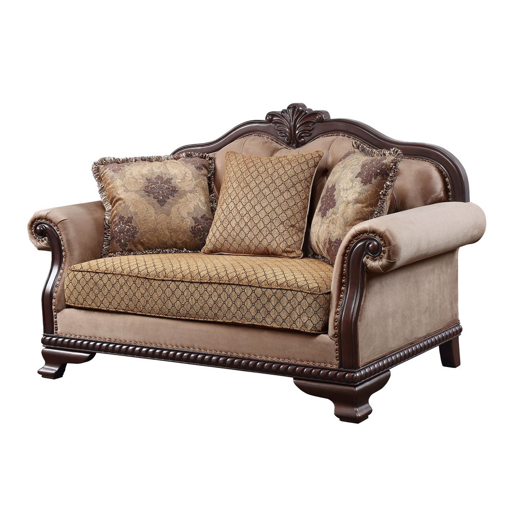 Chateau De Ville - Loveseat With 3 Pillows (Same Lv01589) - Fabric & Espresso, product view with wood construction