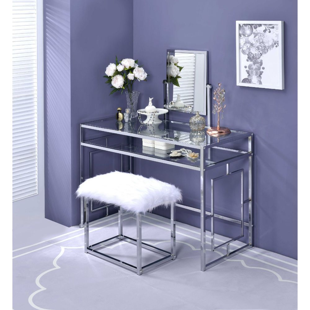 Carenze II - Vanity Set - White Faux Fur & Chrome, alternate view 6 with glass