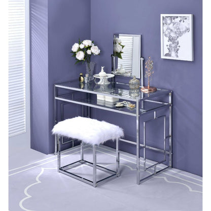 Carenze II - Vanity Set - White Faux Fur & Chrome, alternate view 6 with glass
