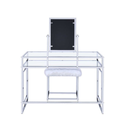 Carenze II - Vanity Set - White Faux Fur & Chrome