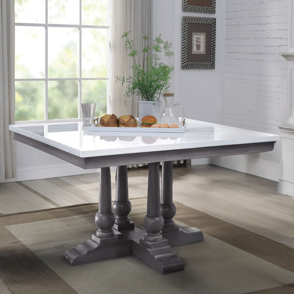 Yabeina - Square Dining Table - Marble Top Top & Gray Oak, product view with wood construction