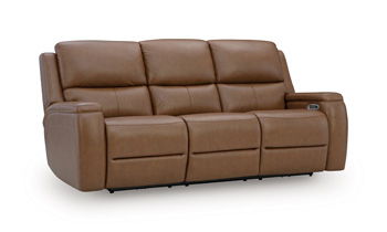 Syran caramel three-seat power reclining sofa with cushioned backs