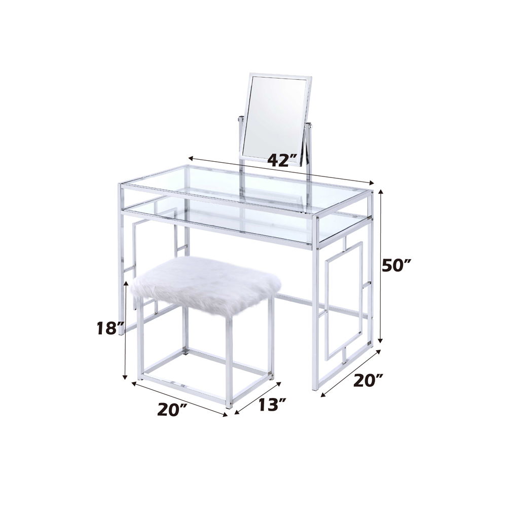 Carenze II - Vanity Set - White Faux Fur & Chrome, alternate view 8 with glass