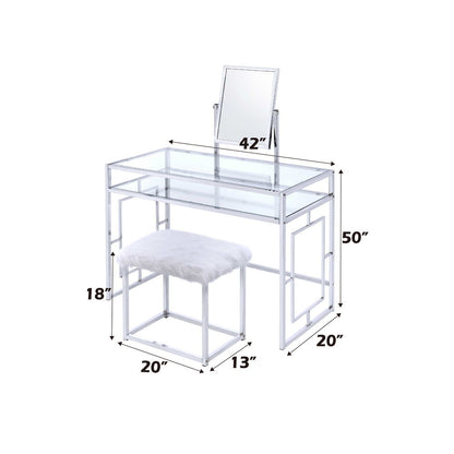Carenze II - Vanity Set - White Faux Fur & Chrome, alternate view 8 with glass
