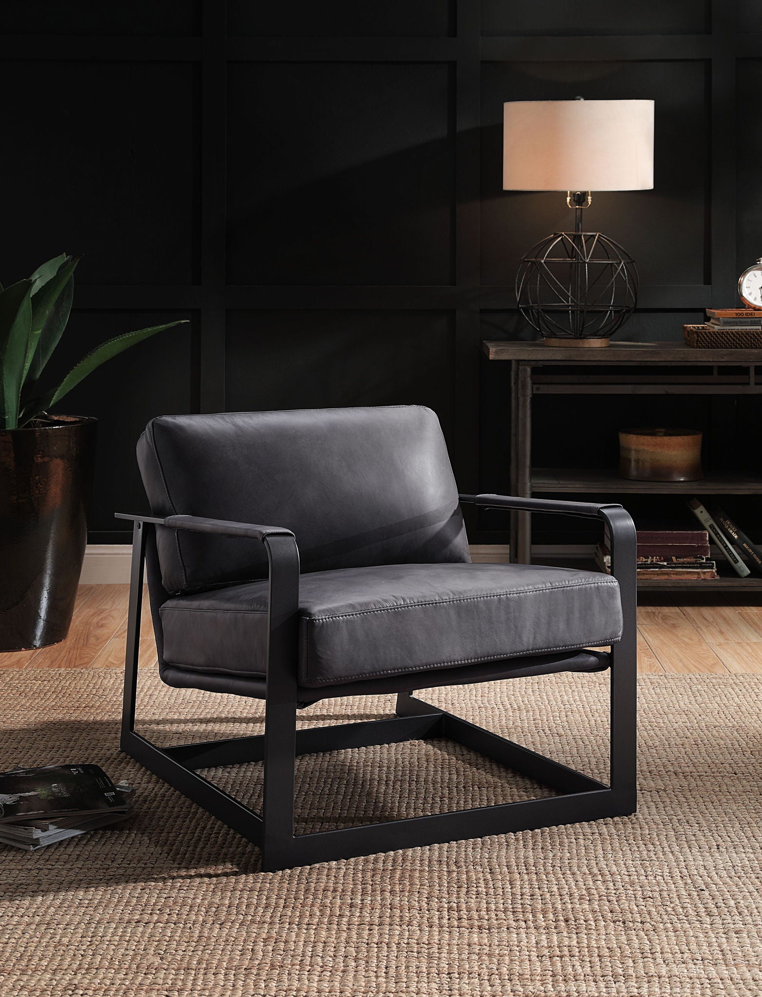 Locnos - Accent Chair - Gray Top Grain Leather & Black, alternate view 9 with cotton fabric