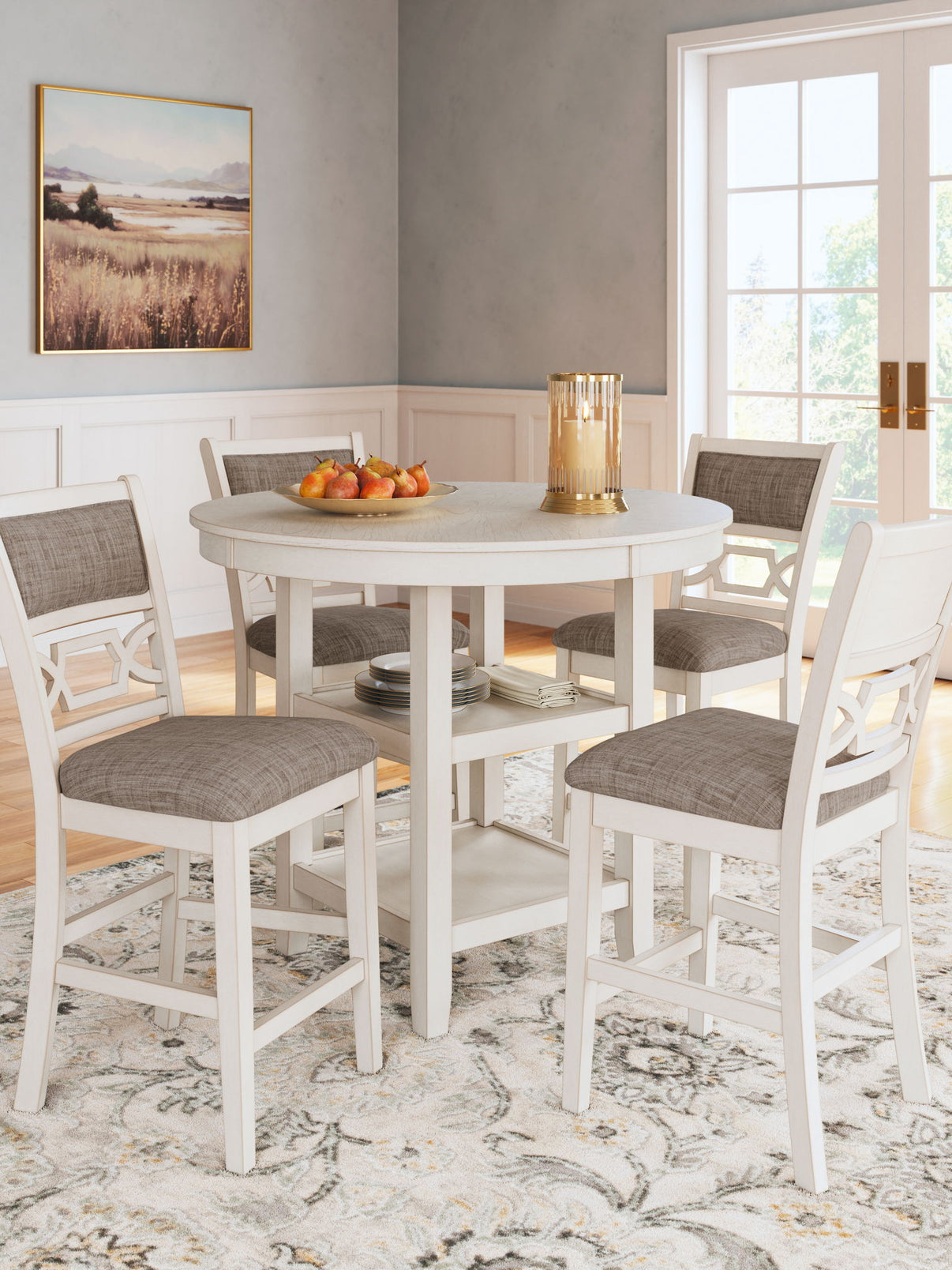 Erinberg - Dining Room Counter Table Set (Set of 5) - Antique White, alternate view 5 with polyester fabric