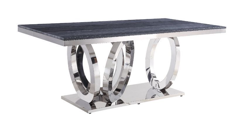 Nasir - Dining Table - Gray Printed Faux Marble Top & Mirrored Silver, product view with stone