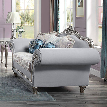 Pelumi - Loveseat With 5 Pillows - Light Gray Linen & Platinum, alternate view 7 with wood construction