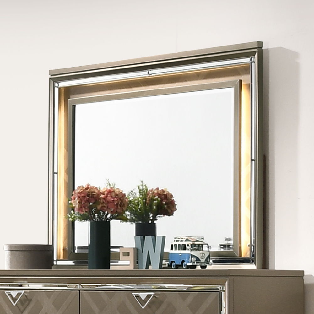Skylar - Mirror With Led, product view with wood construction
