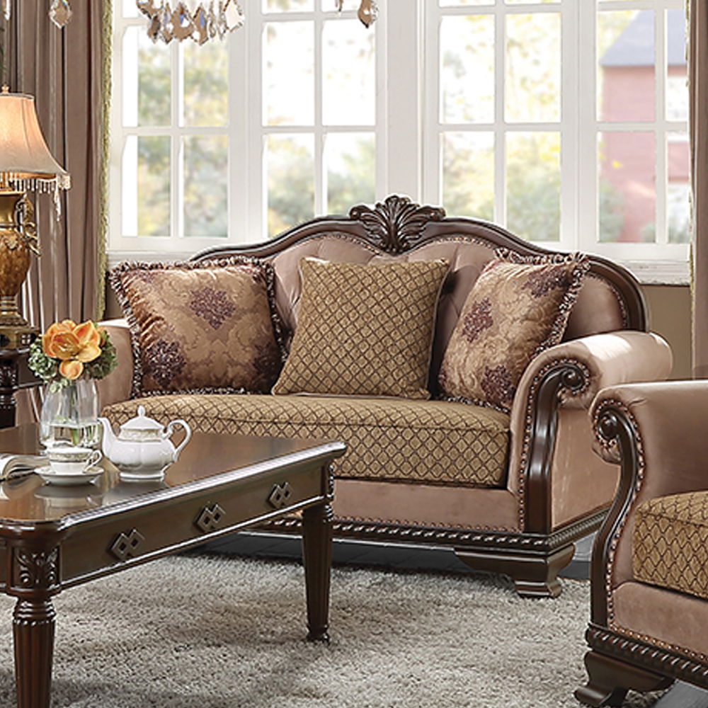 Chateau De Ville - Loveseat With 3 Pillows (Same Lv01589) - Fabric & Espresso, alternate view 8 with wood construction
