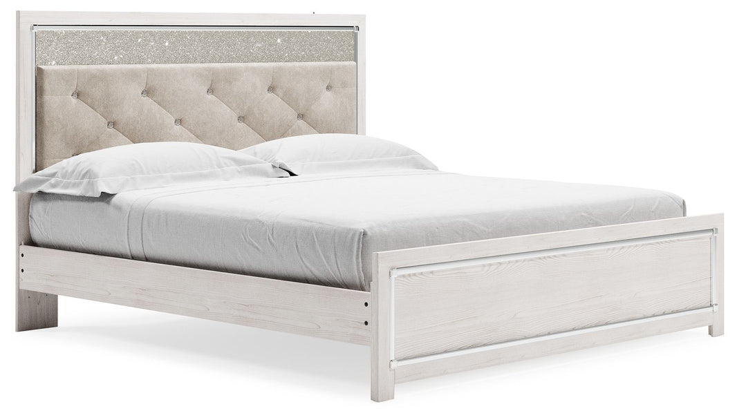 Altyra - King Panel Bed With Upholstered Headboard - White, product view with polyester fabric