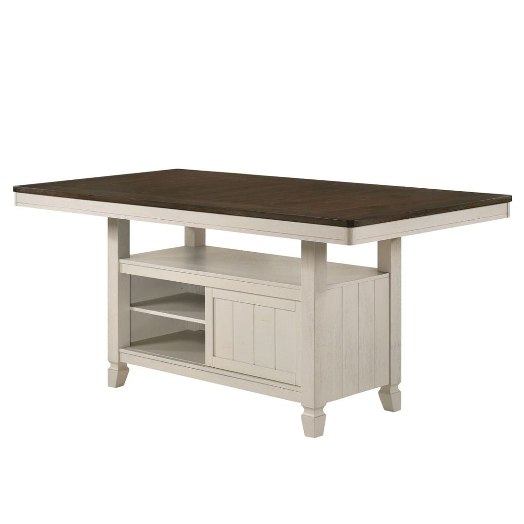 Tasnim - Counter Dining Table - Oak & Antique White, product view with linen fabric