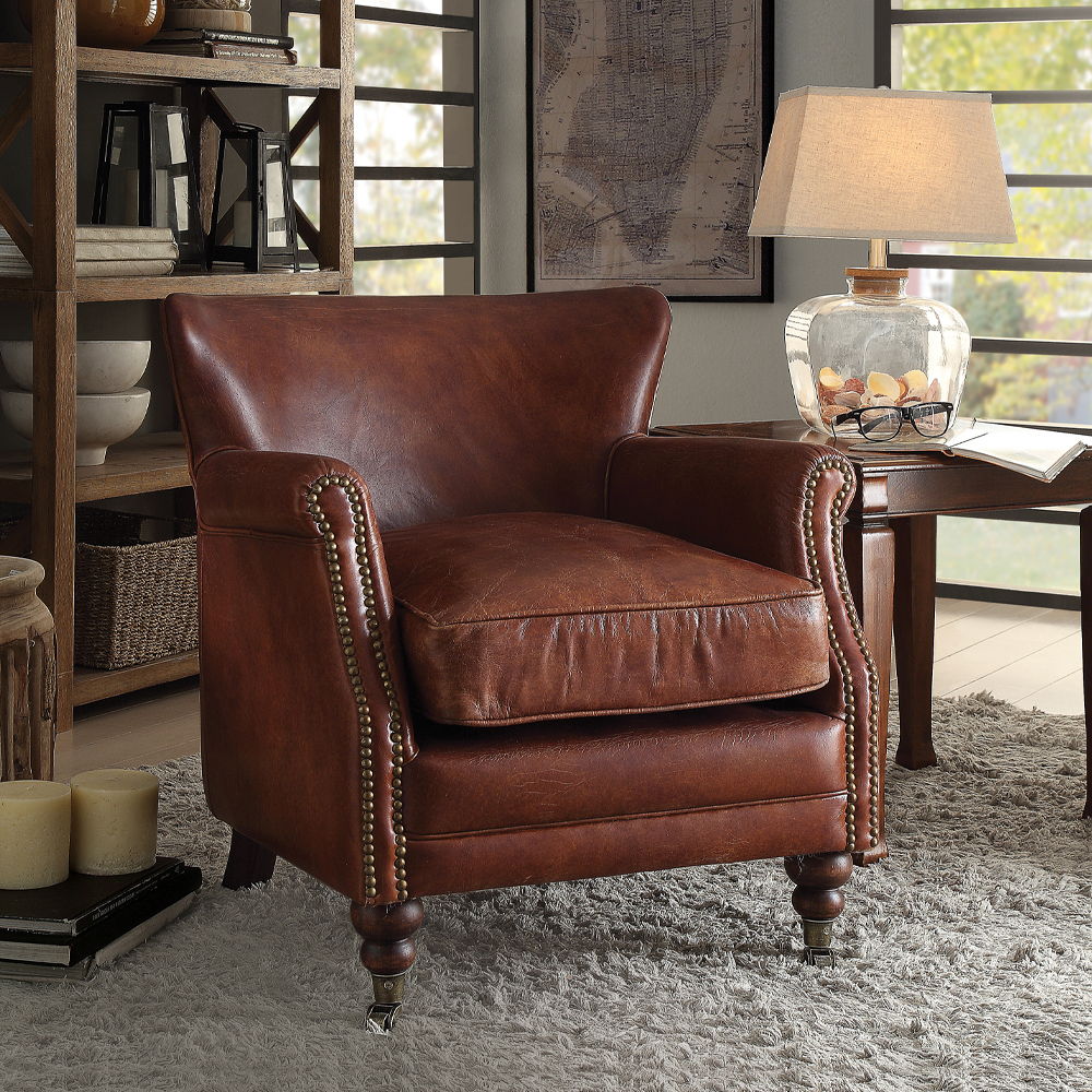 Leeds - Accent Chair - Vintage Dark Brown Top Grain Leather, alternate view 3 with wood construction