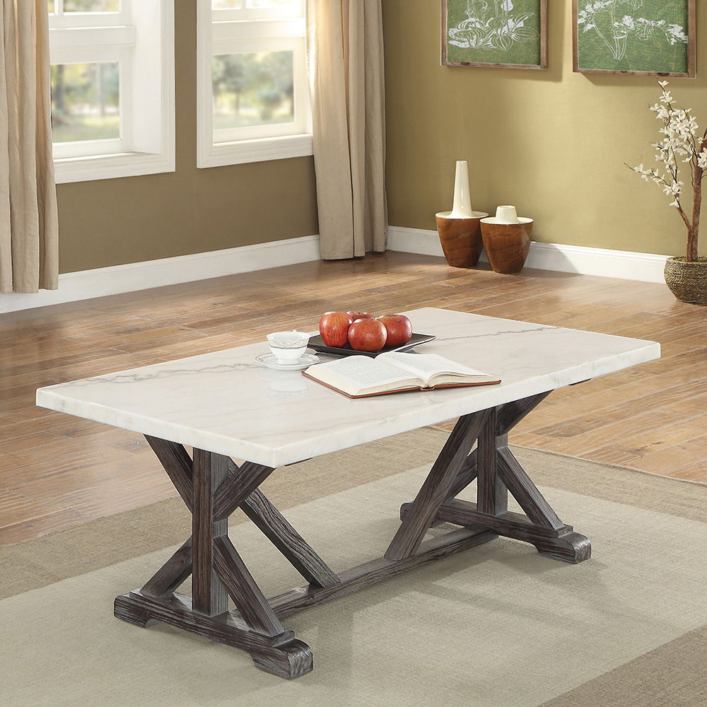 Romina - Coffee Table - White Marble Top & Weathered Espresso, product view with wood construction