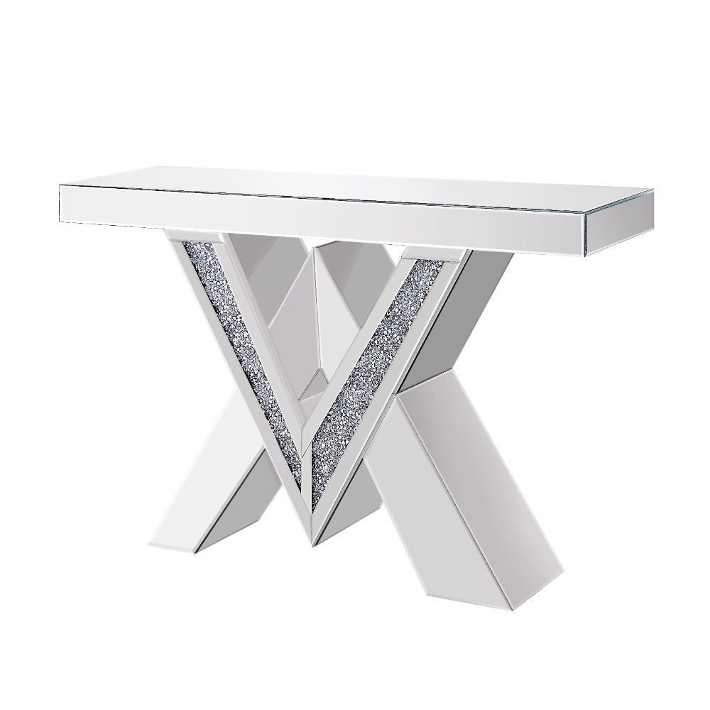 Noralie - Console Table, "V" Shape Pedestal - Mirrored & Faux Diamonds, product view with wood construction