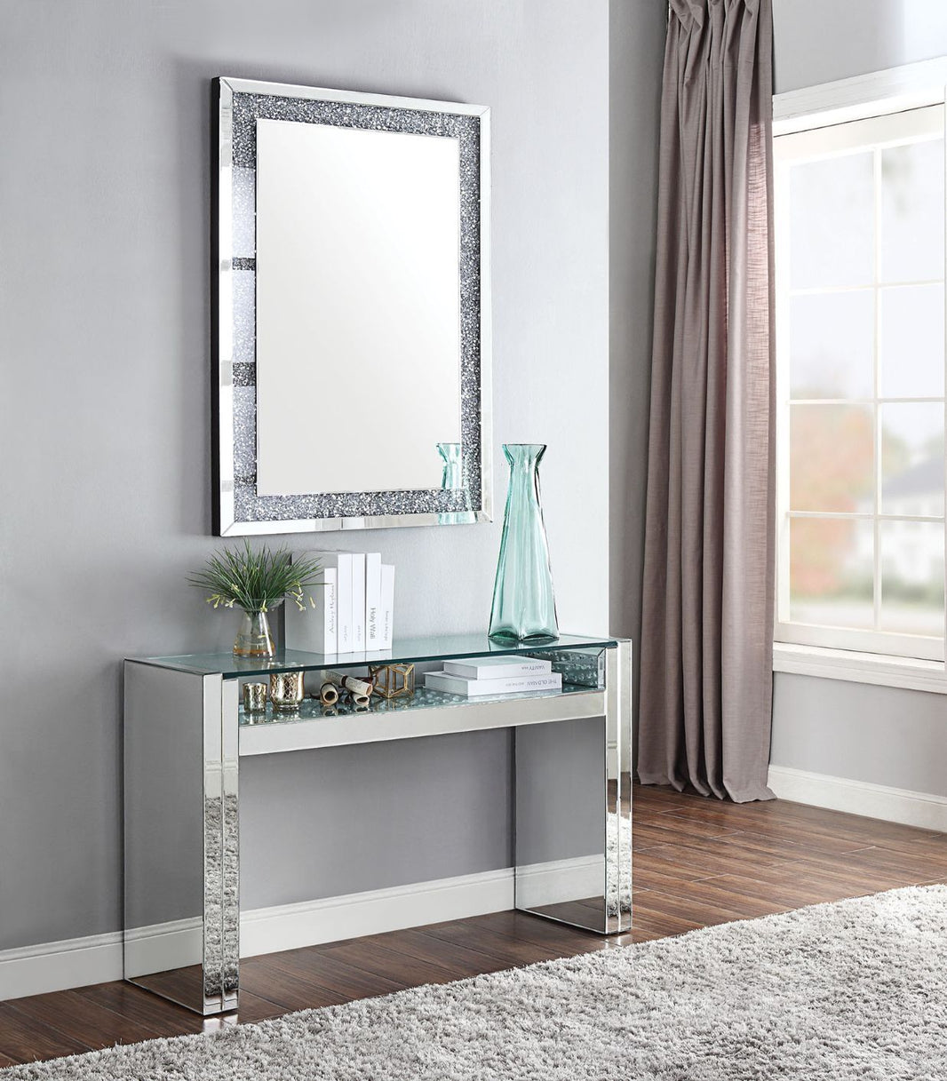 Nysa - Sofa Table - Mirrored & Faux Crystals, product view with wood construction