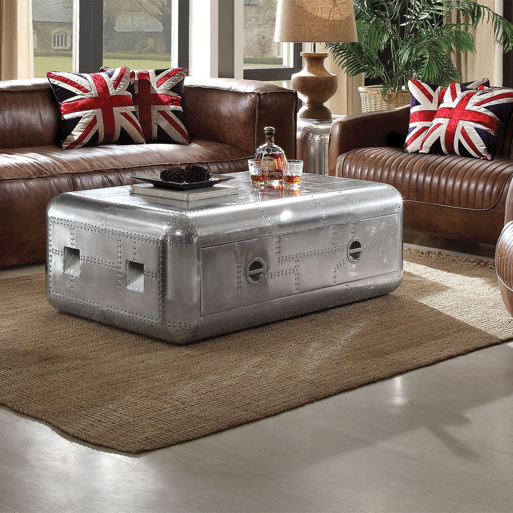 Brancaster - 19" Coffee Table - Aluminum, product view with leather upholstery