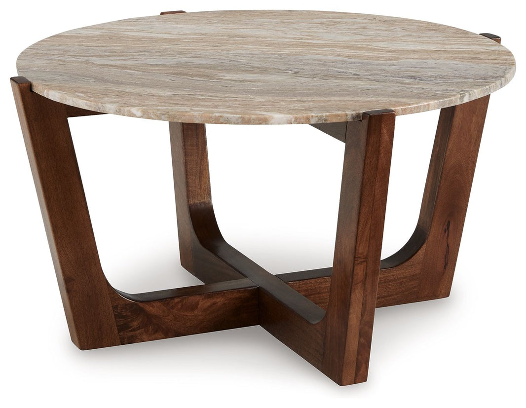 Tanidore - Round Cocktail Table - Warm Brown, product view with wood construction