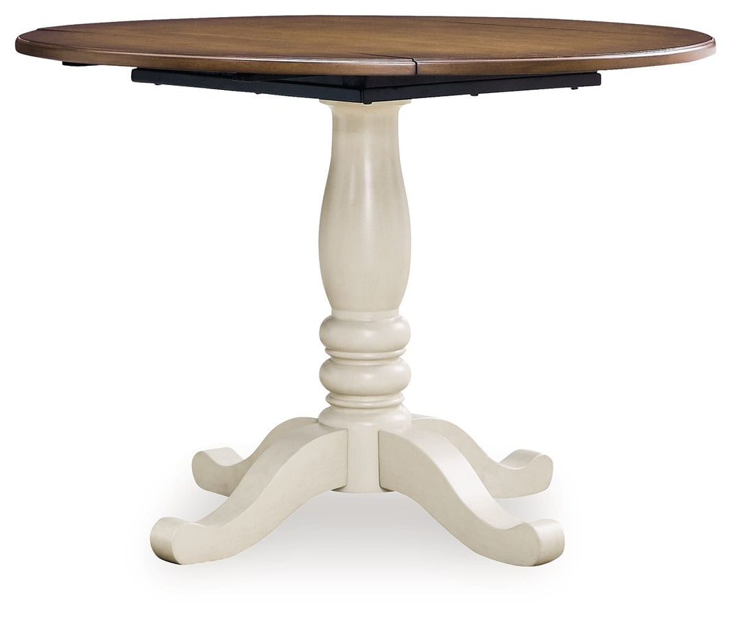 Wirloni - Round Dining Room Drop Leaf Table - Antique White / Brown, product view with wood construction