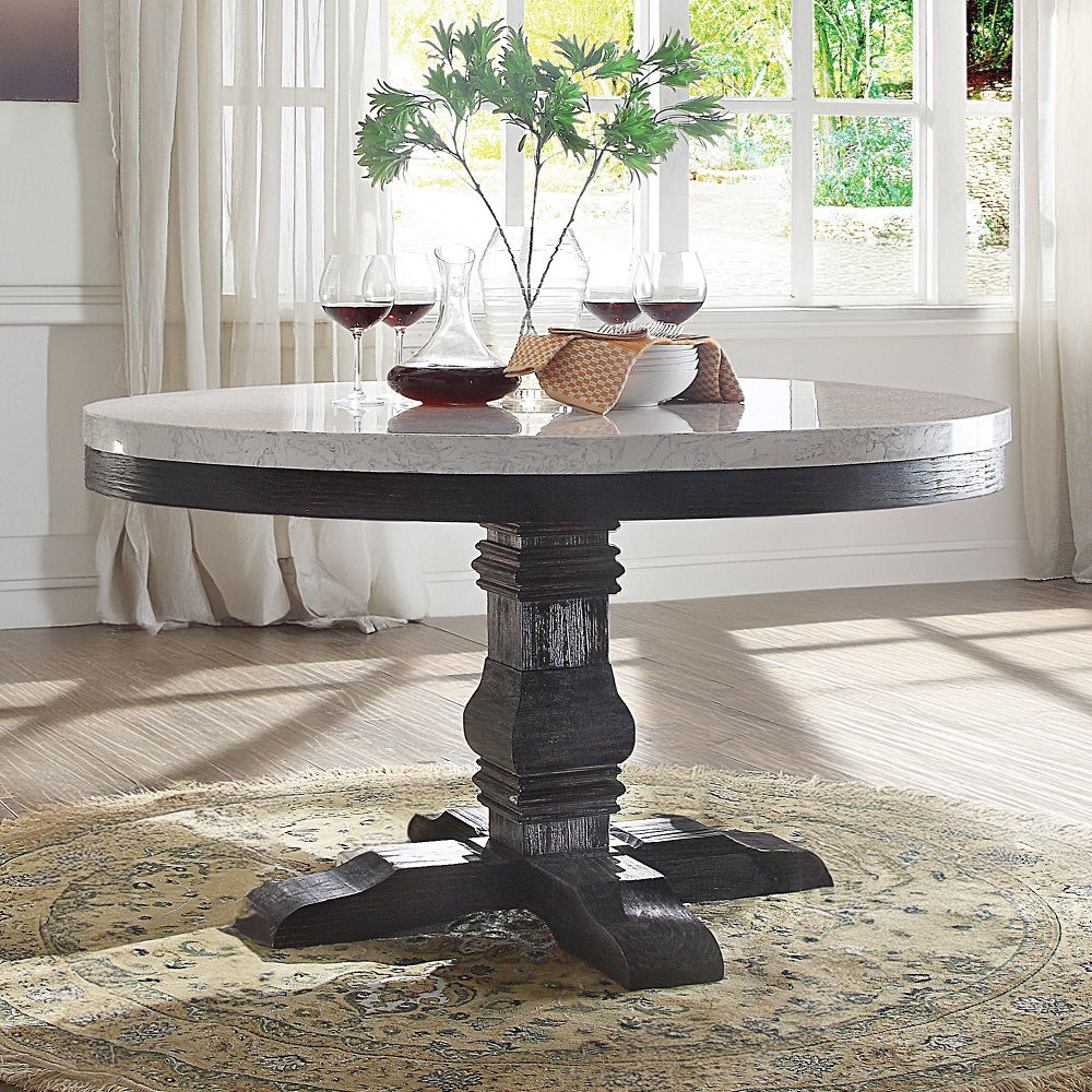 Nolan - Round Dining Table - White Marble Top & Salvage Dark Oak, product view with wood construction