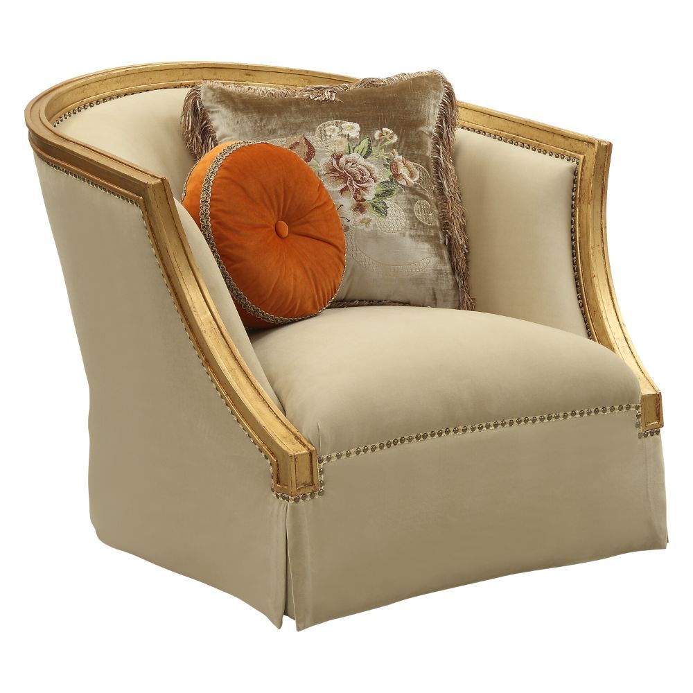 Daesha - Chair With 2 Pillows - Tan Flannel & Antique Gold, product view with wood construction