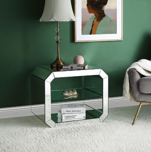 Dominic - 20" Accent Table - Mirrored, product view with glass