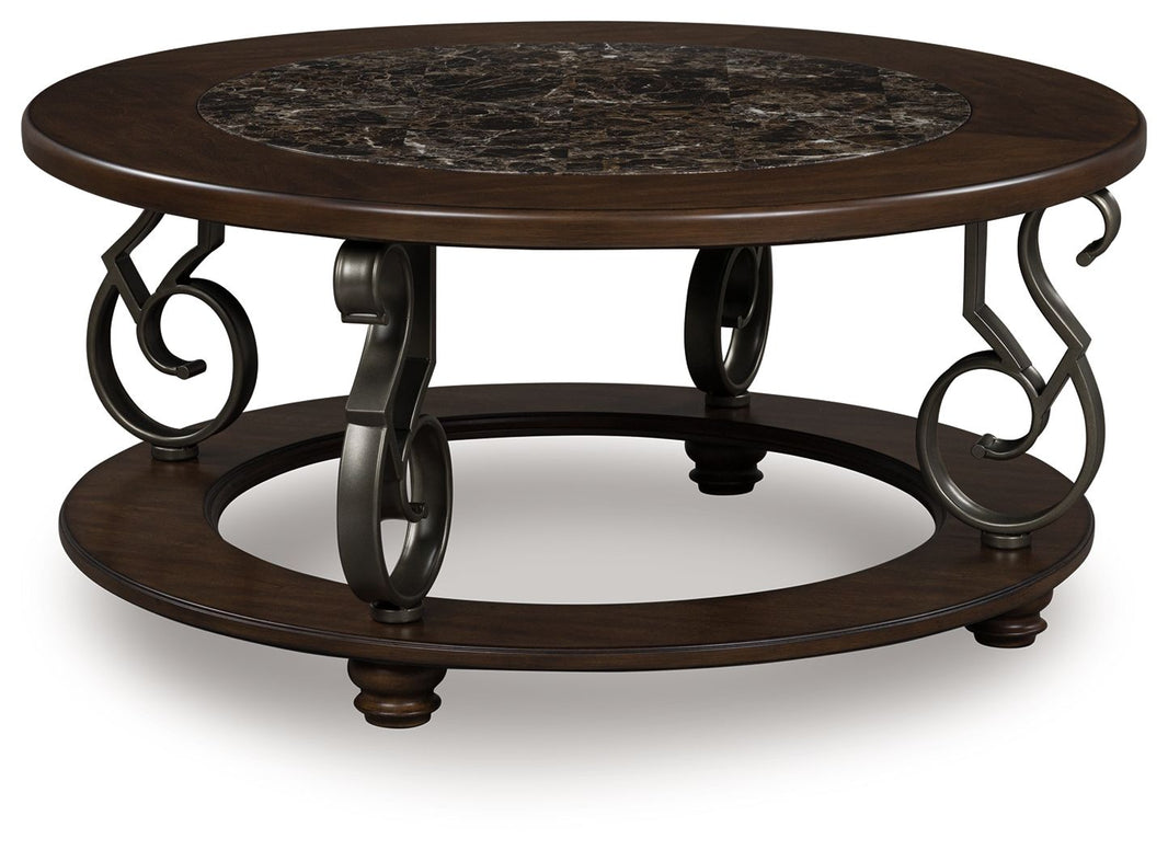 Frallyn - Round Cocktail Table - Dark Brown, product view with marble