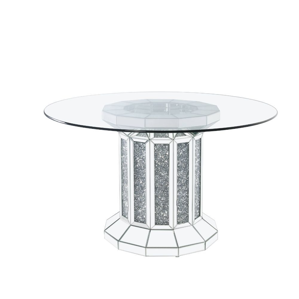 Noralie - Dining Table - Clear Glass Top & Mirrored & Faux Diamonds, product view with wood construction