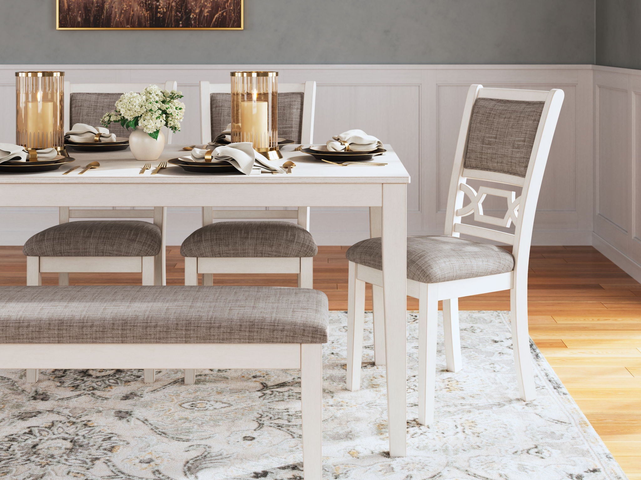 Erinberg - Dining Room Table Set (Set of 6) - Antique White, alternate view 6 with polyester fabric