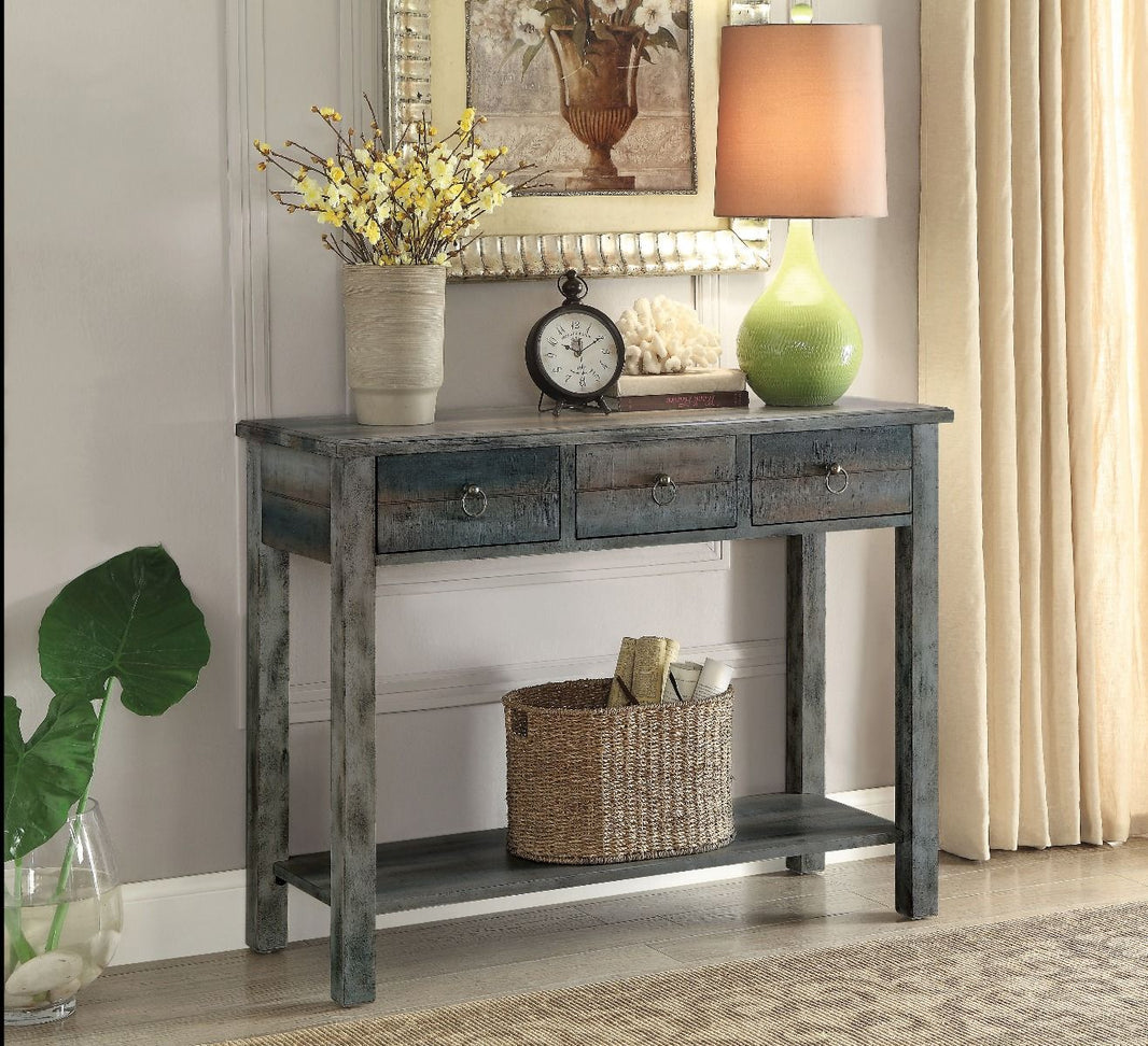 Glancio - Console Table - Antique Gray & Teal, product view with wood construction