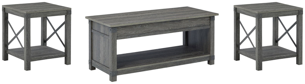 Freedan - 3 Pc. - Coffee Table, 2 End Tables - Grayish Brown, product view with wood construction