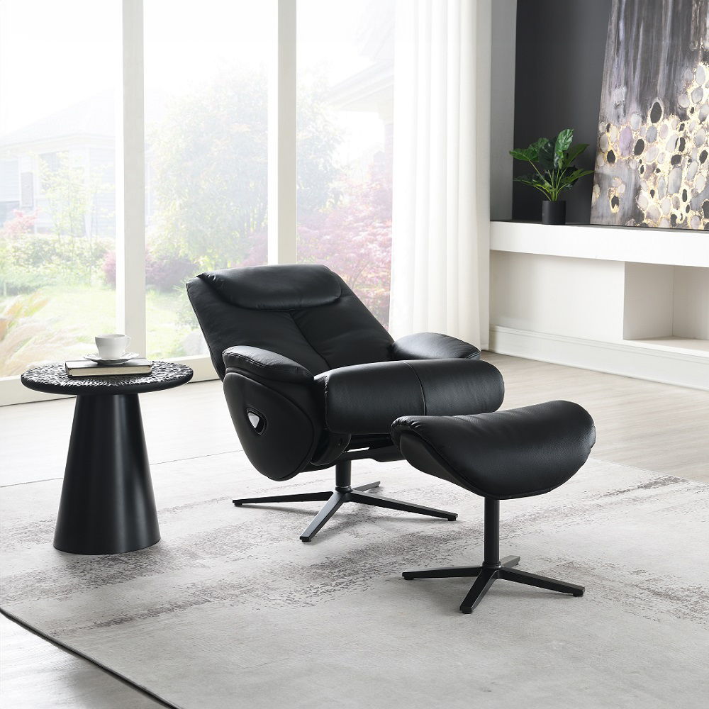 Labonita - Motion Accent Chair With Swivel & Ottoman - Black Top Grain Leather & Black, alternate view 8