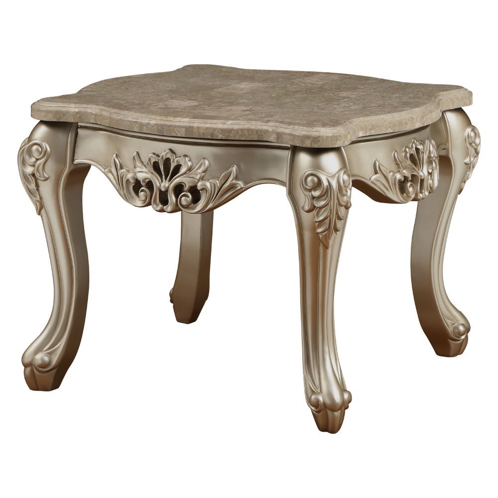 Ranita - End Table - Marble Top & Champagne, product view with wood construction