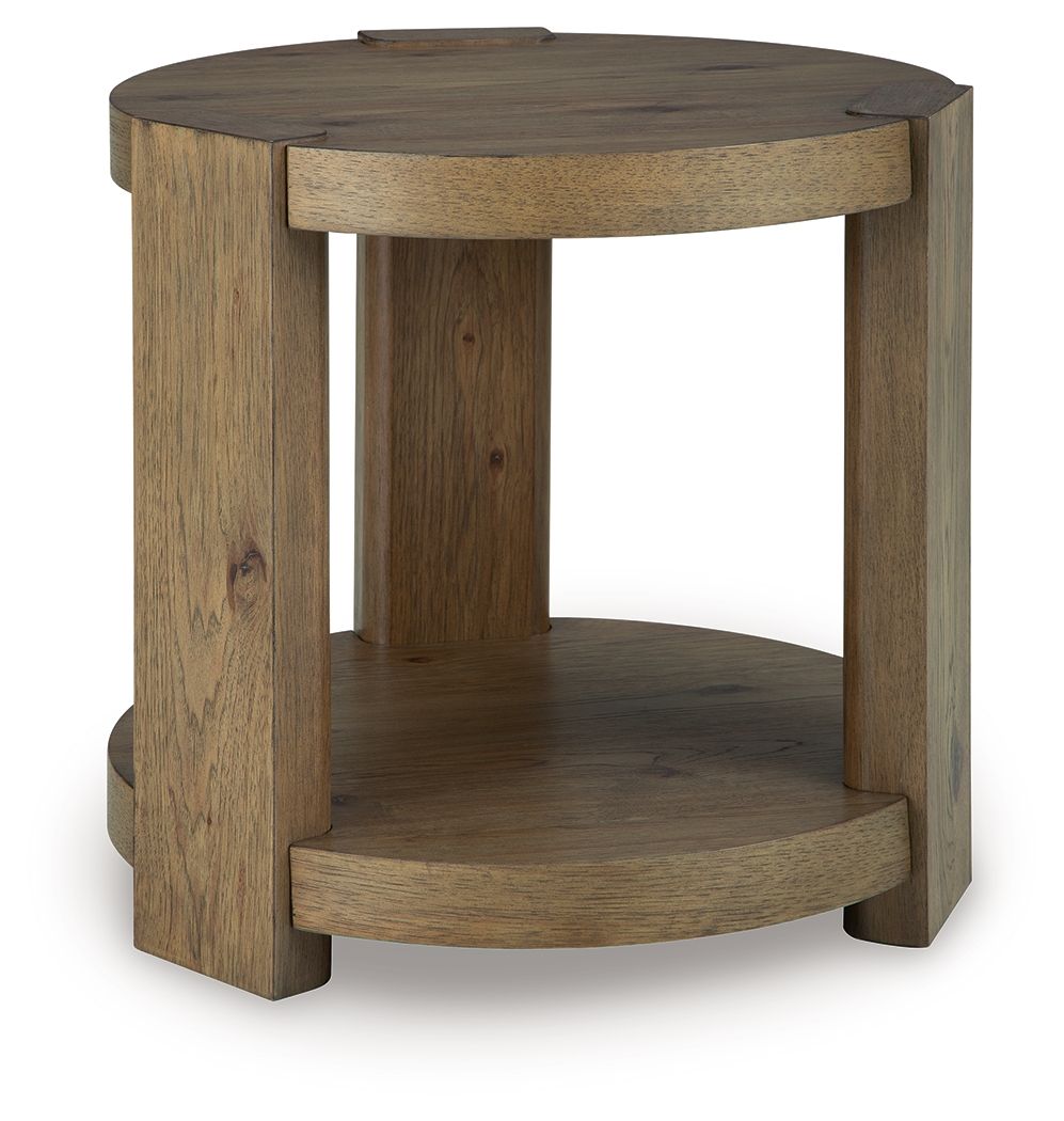 Flangren - Round End Table - Light Brown, product view with wood construction