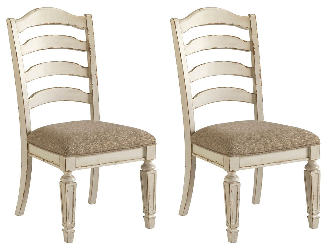 Realyn - Dining UPH Side Chair (Set of 2) - Ladderback - Chipped White, product view with polyester fabric