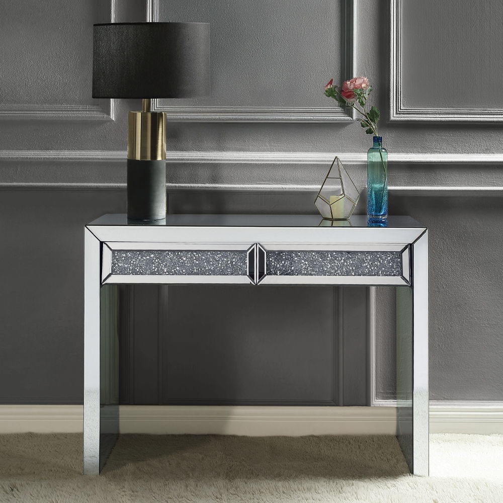 Noralie - Console Table Faux Diamonds - Mirrored, product view with glass
