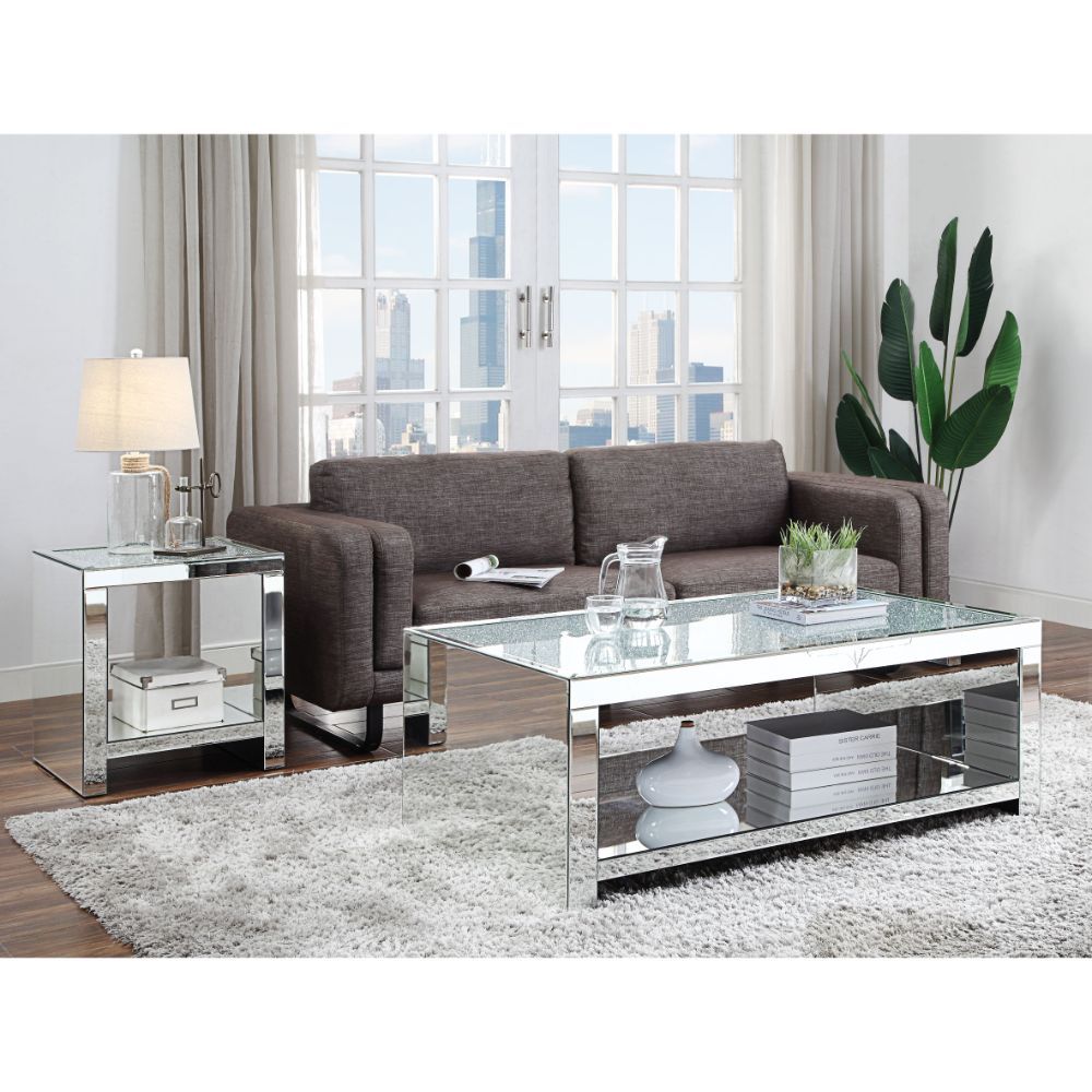 Noralie - Coffee Table - Clear Glass, Mirrored & Faux Diamonds, alternate view 9 with wood construction