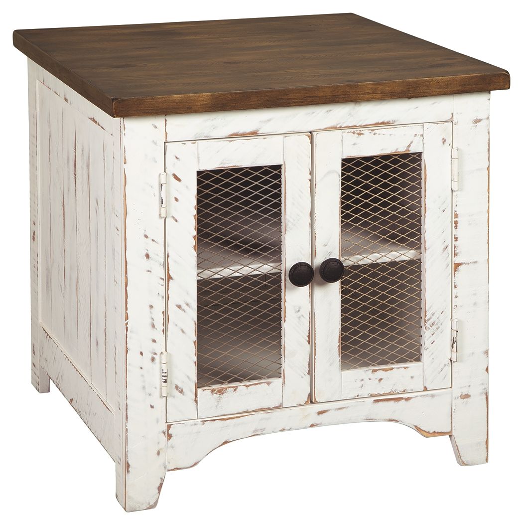 Wystfield - Rectangular End Table - 2 Doors - White / Brown, product view with engineered wood